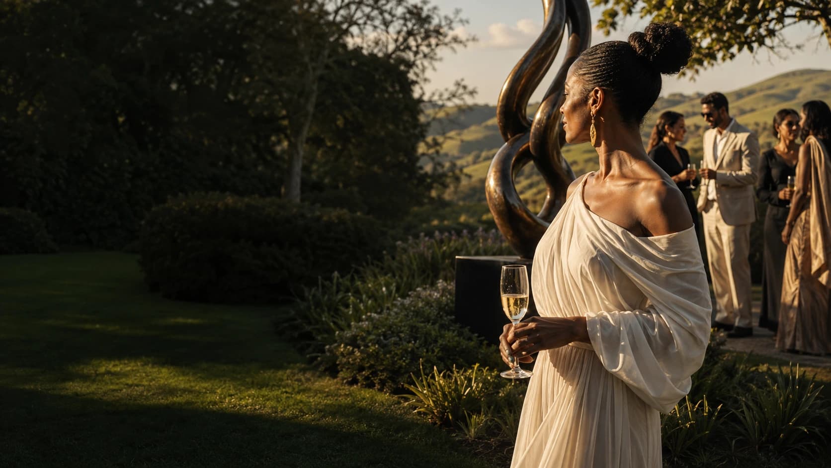 Elegant spring garden gathering with contemporary sculpture and sparkling wine